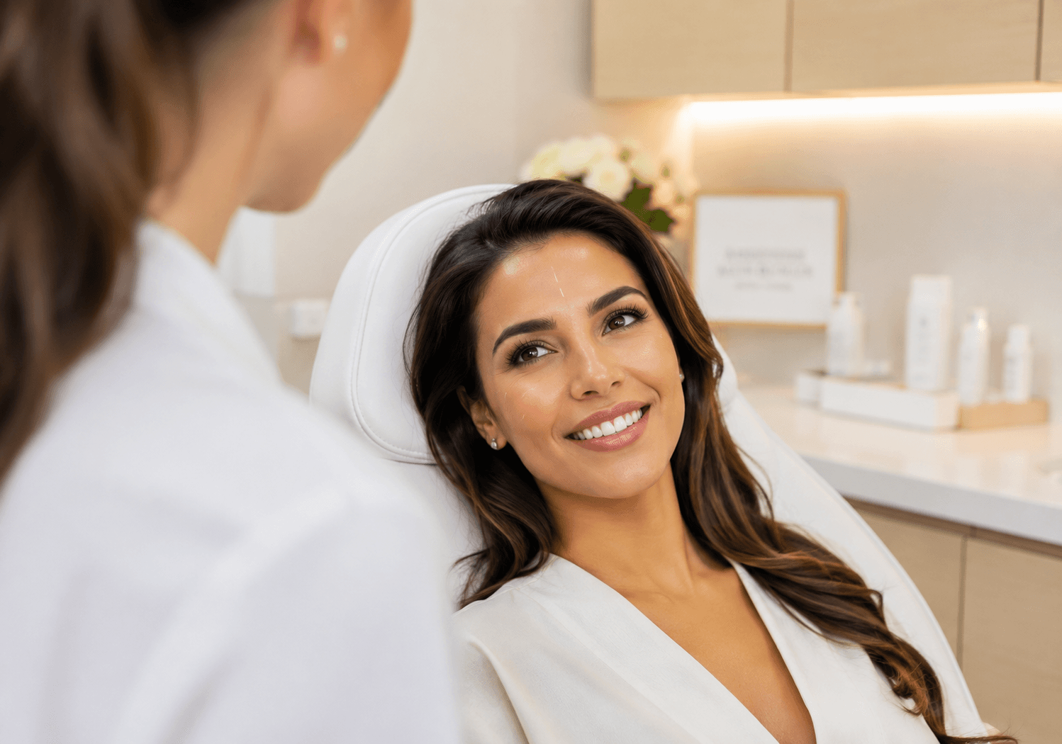 Paciente sonriendo durante su consulta en una clínica de medicina estética.